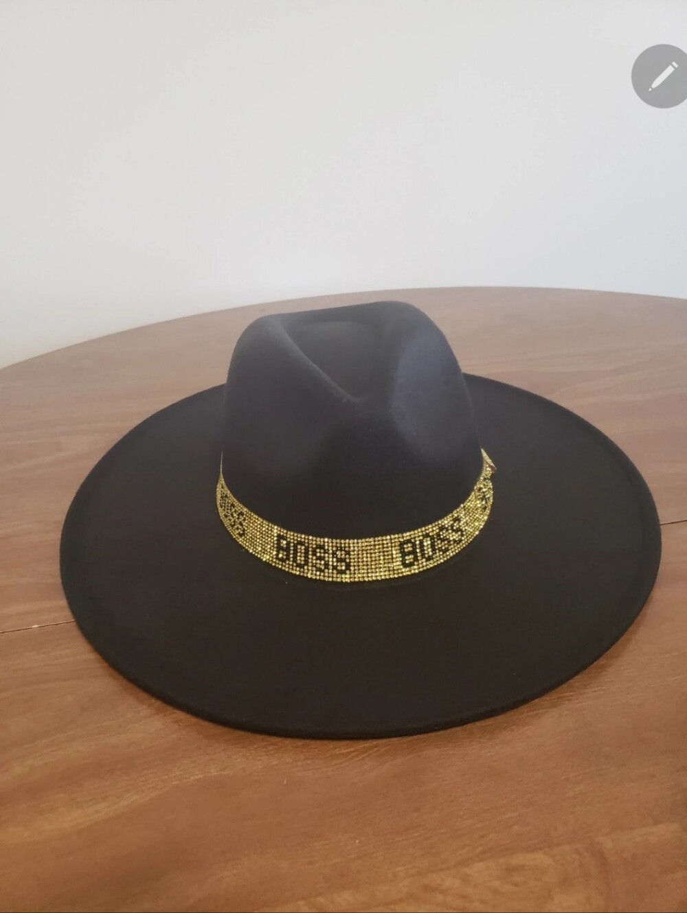 Black Wide-Brim Fedora Hat with Gold Crystal Band